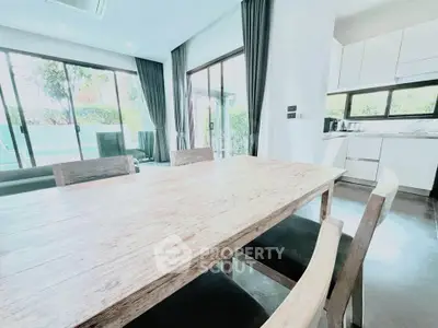 Spacious dining area with natural light and modern kitchen in open layout