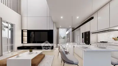 Luxurious modern living room with open kitchen and sleek design