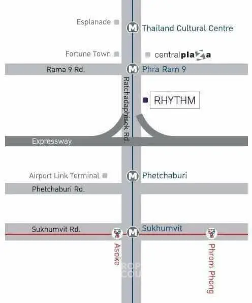 Map showing location of Rhythm near Thailand Cultural Centre and Central Plaza.