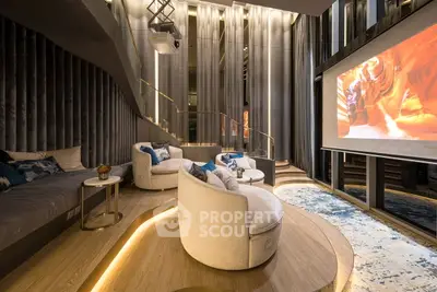 Luxurious home theater with plush seating and ambient lighting for ultimate entertainment experience.