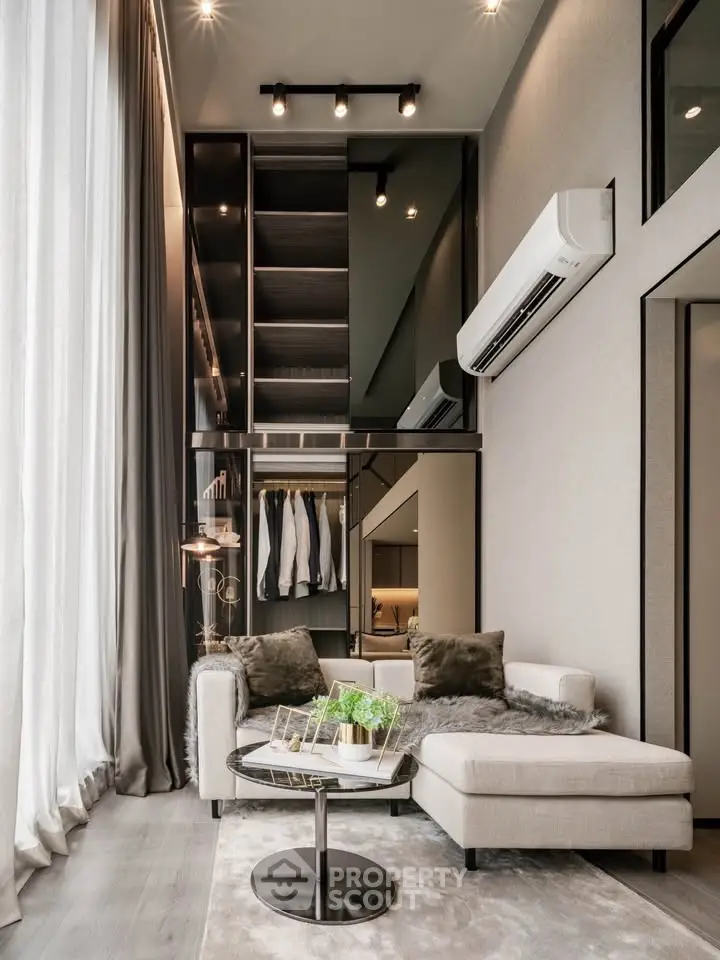 Luxurious modern living room with high ceilings and elegant decor