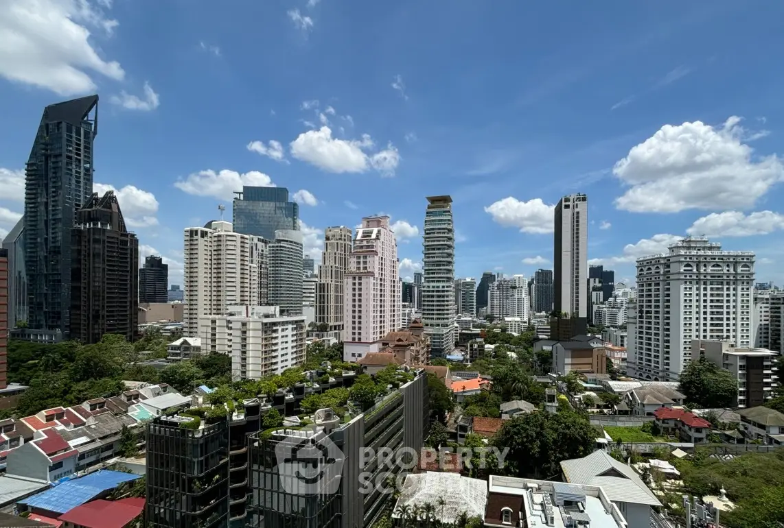 Stunning cityscape view of modern skyscrapers under a clear blue sky, showcasing urban living.