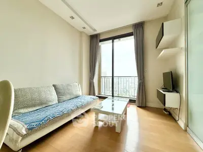 Bright living room with modern decor and city view balcony