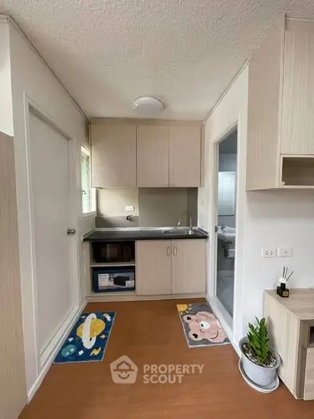 Cozy kitchen with modern cabinetry and compact design, featuring a microwave and decorative rugs.