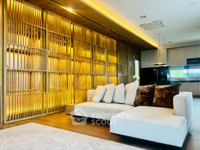 Luxurious modern living room with stylish wooden accents and cozy sectional sofa