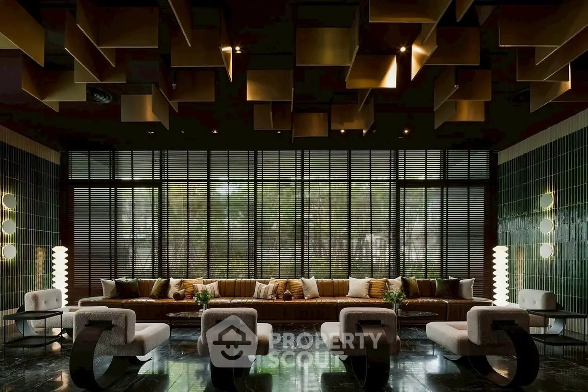 Luxurious modern living room with unique ceiling design and elegant seating area.