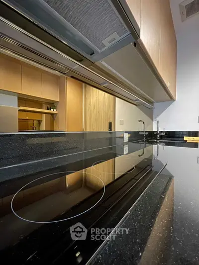 Modern kitchen with sleek black countertops and electric stovetop, featuring wooden cabinetry and contemporary design.
