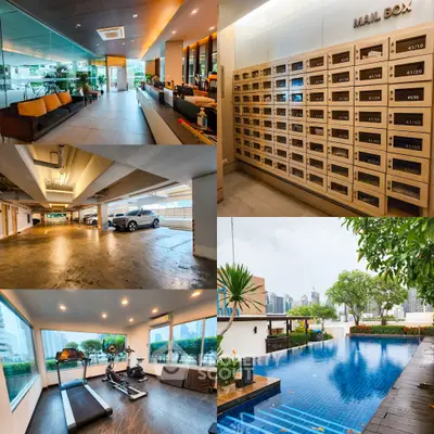 Luxurious condo amenities with pool, gym, parking, and mailboxes in prime urban location.