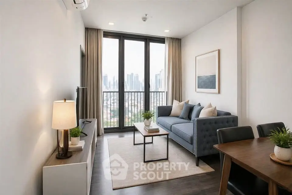 Modern living room with city view, stylish furniture, and natural light