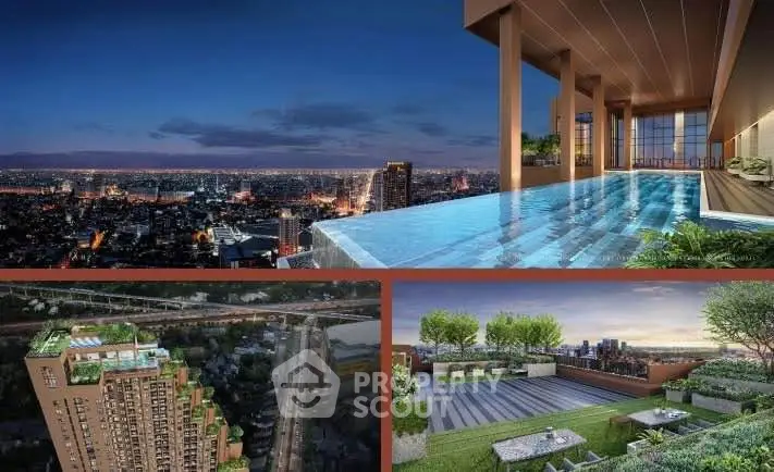 Luxurious rooftop pool with stunning city views and modern building exterior