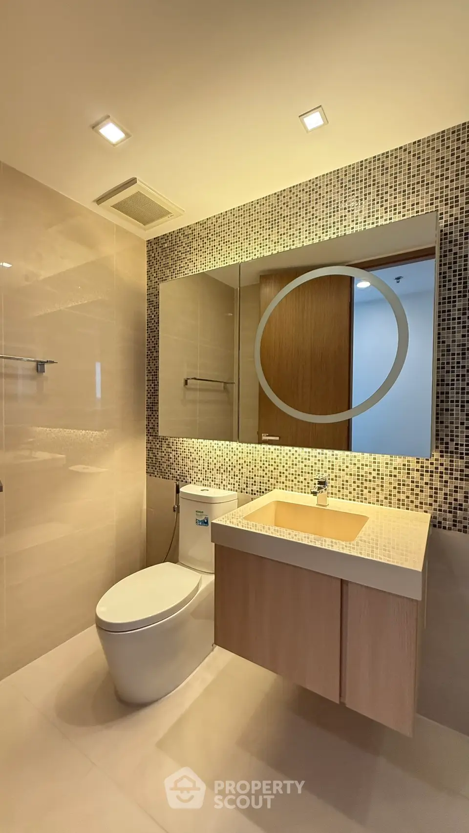 Modern bathroom with stylish mosaic tiles and sleek fixtures in a contemporary apartment.