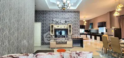 Spacious modern living room with open kitchen and stylish decor