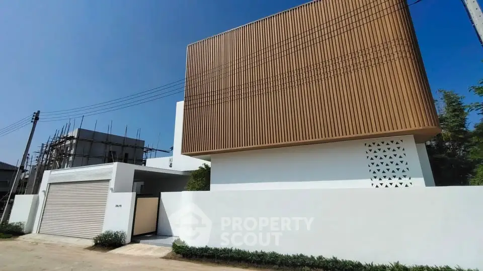 Modern minimalist house exterior with unique wooden facade and clean lines