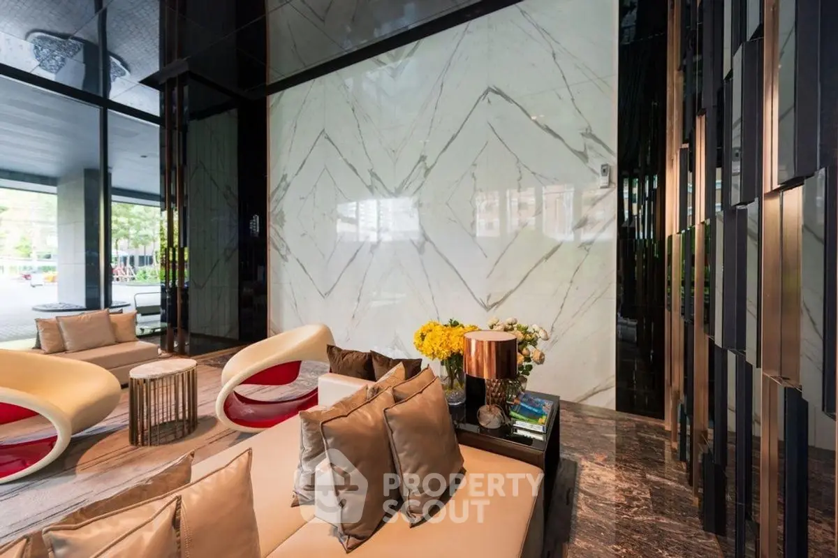 Luxurious modern living room with elegant marble wall and stylish furniture