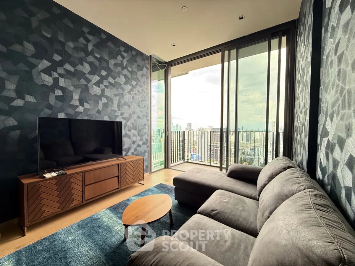 Stylish living room with modern decor and city view balcony