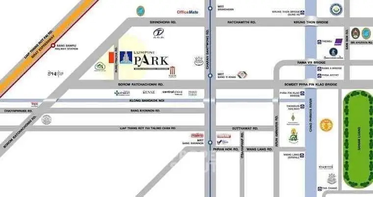 Map showing location of Lumpini Park and surrounding areas with roads and landmarks.