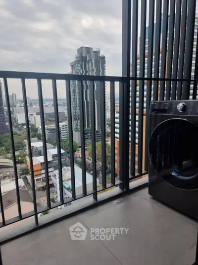 Modern balcony with city view and washing machine, perfect for urban living.