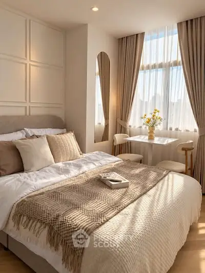 Cozy bedroom with elegant decor and natural light, featuring a stylish bed and a small dining area by the window.
