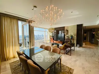Luxurious open living and dining area with stunning city view and elegant lighting.