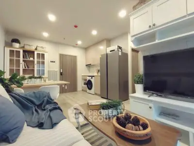 Charming living room with modern kitchen, cozy decor, and ample natural light.