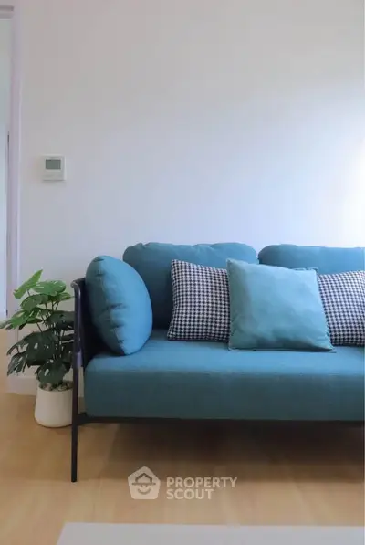 Modern living room with stylish blue sofa and decorative pillows, perfect for cozy relaxation.