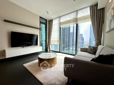 Modern living room with large windows and city view, featuring sleek furniture and a flat-screen TV.