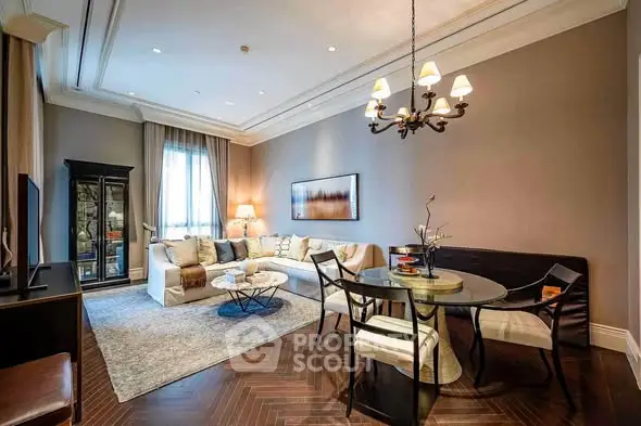 Elegant living room with stylish decor and dining area in luxury apartment