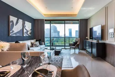 Luxurious modern living room with city view, elegant decor, and spacious layout.