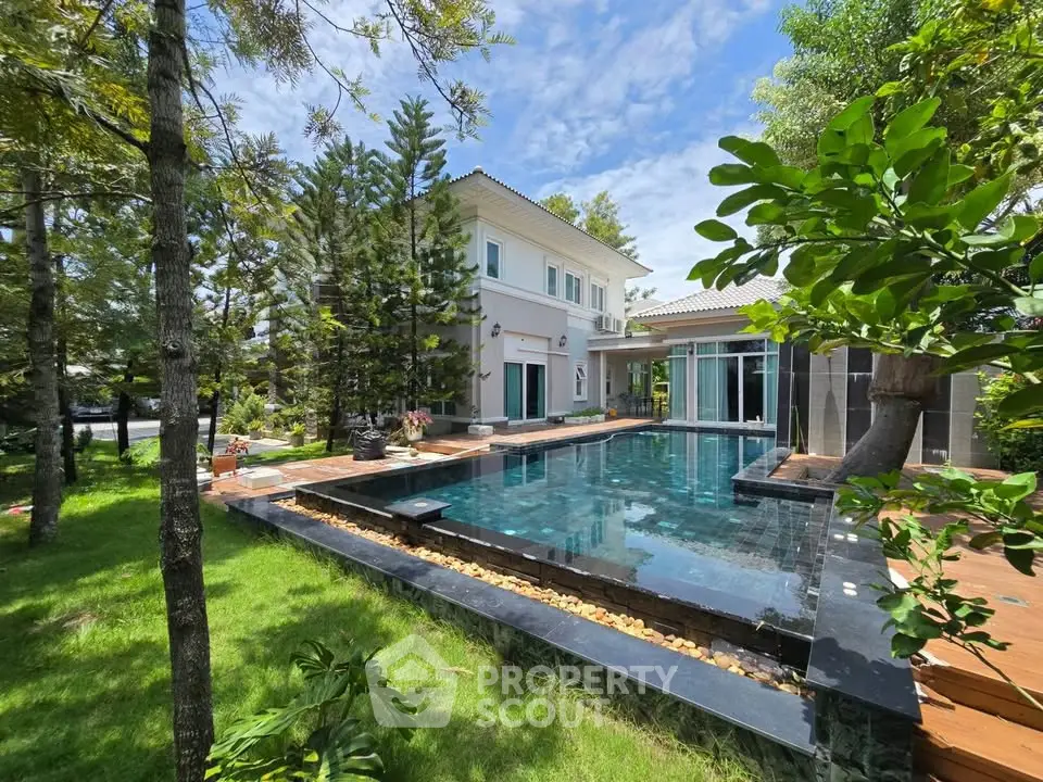 Luxurious modern villa with stunning pool and lush garden, perfect for serene living.
