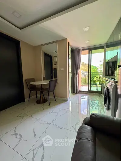 Modern apartment with marble flooring and balcony view