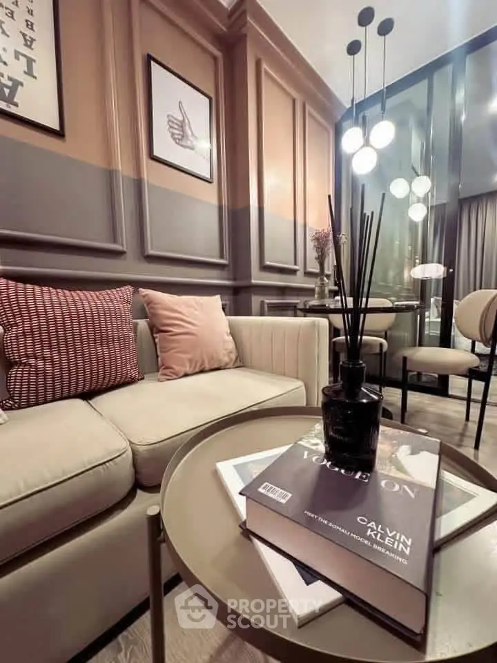 Stylish modern living room with elegant decor and cozy seating area.