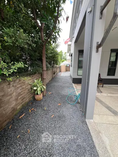 Charming outdoor pathway beside modern home with lush greenery and sleek architecture.
