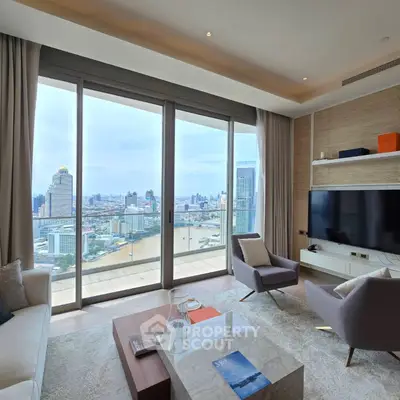 Luxurious living room with stunning city view and modern decor