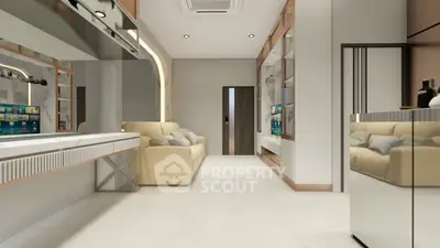 Modern living room with sleek design and comfortable seating in a stylish apartment.