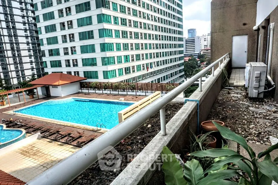 Stunning urban apartment view with pool and cityscape