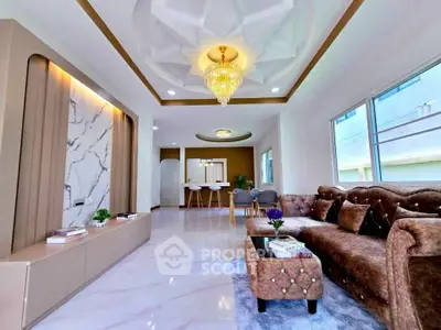 Luxurious living room with elegant chandelier and plush velvet sofa in modern home