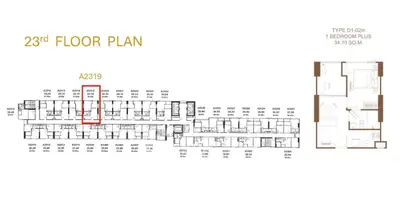 23rd floor plan showcasing 1-bedroom plus layout with detailed unit arrangement.