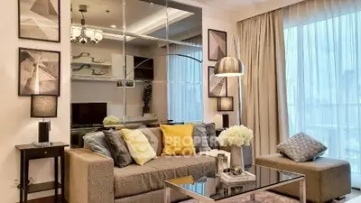 Stylish modern living room with elegant decor and city view.