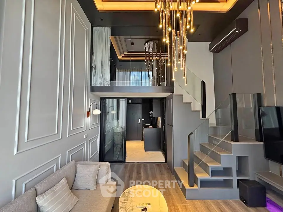 Luxurious modern living room with mezzanine and elegant lighting