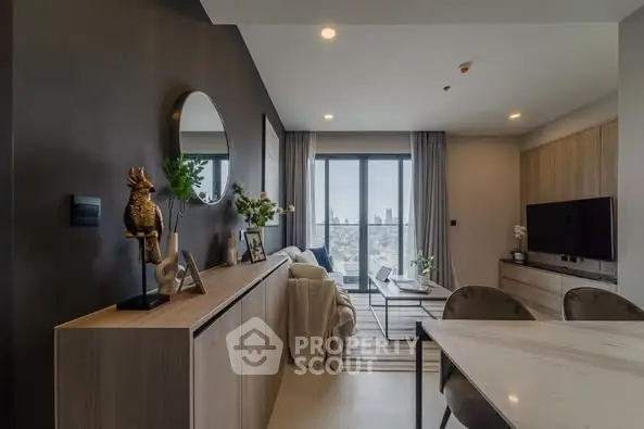 Stylish modern living room with city view and elegant decor