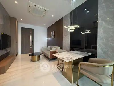 Luxurious modern living room with elegant marble flooring and stylish furniture