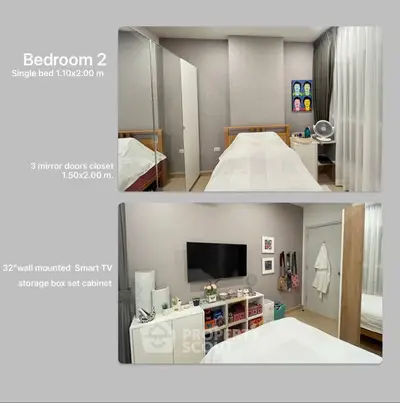 Modern bedroom with smart TV and storage, featuring a single bed and mirror closet.