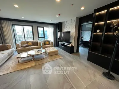 Luxurious modern living room with elegant decor and city view