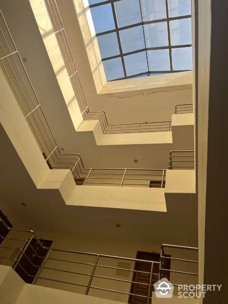 Modern multi-story building interior with skylight and sleek railings