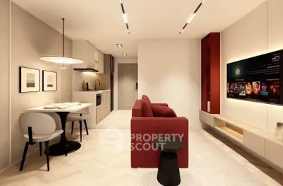 Modern living room with red sofa, dining area, and sleek kitchen in open layout apartment.