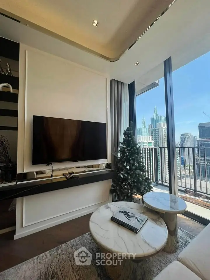 Luxurious living room with modern decor and stunning city view from balcony.