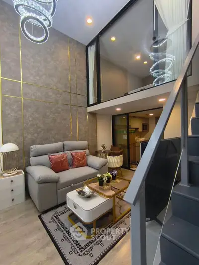 Luxurious modern living room with high ceiling and elegant decor