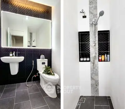 Modern bathroom with sleek design, featuring a stylish shower and elegant fixtures.
