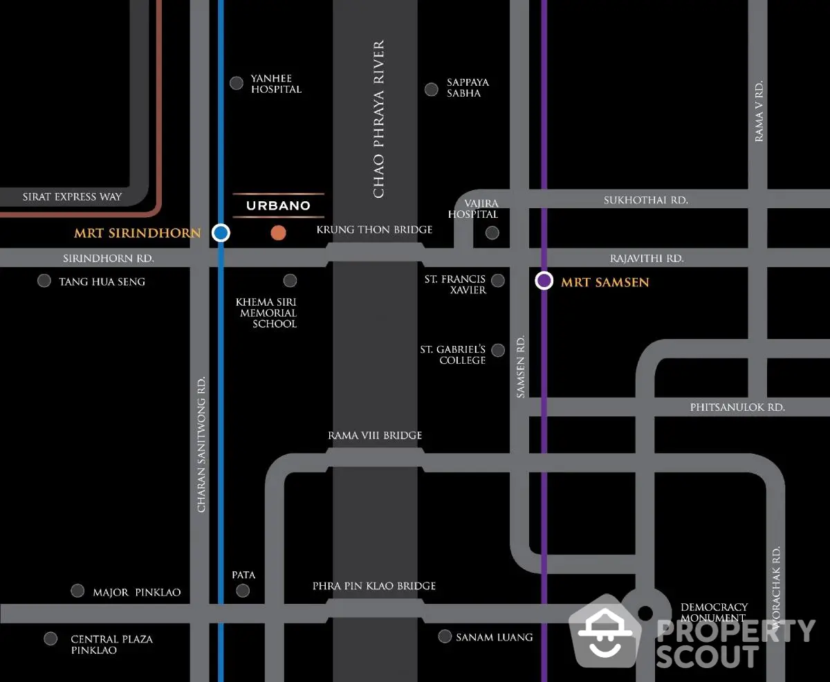 Map showing real estate location near MRT Sirindhorn and MRT Samsen in Bangkok.