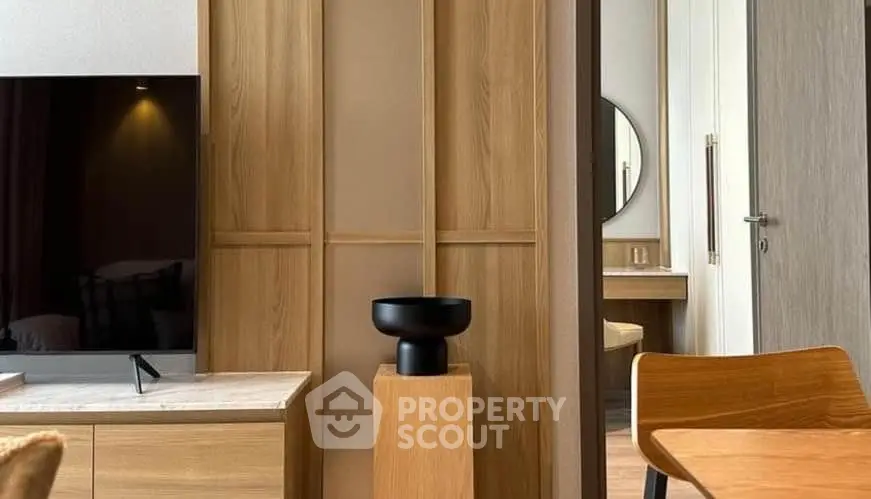 Modern living room with stylish wooden furniture and sleek decor